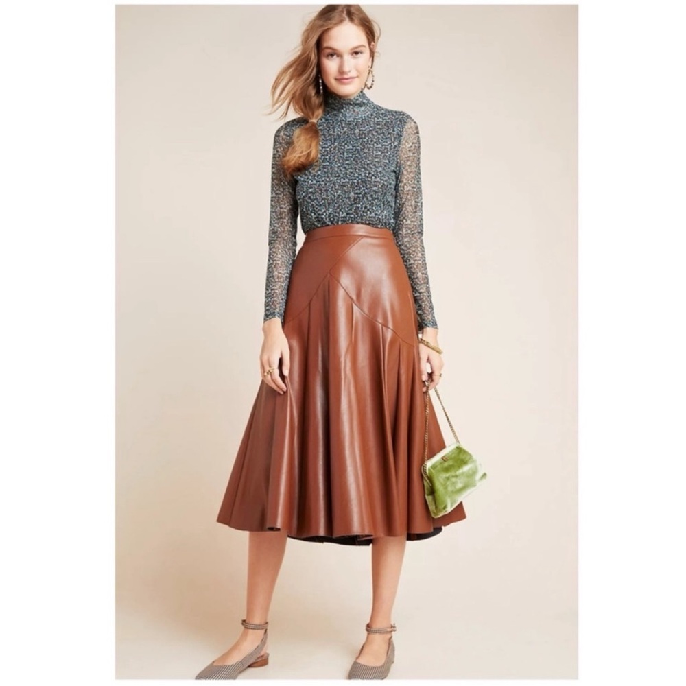 MAEVE x ANTHROPOLOGIE Mariska Faux Leather Midi Skirt, Brown, 0 (US)